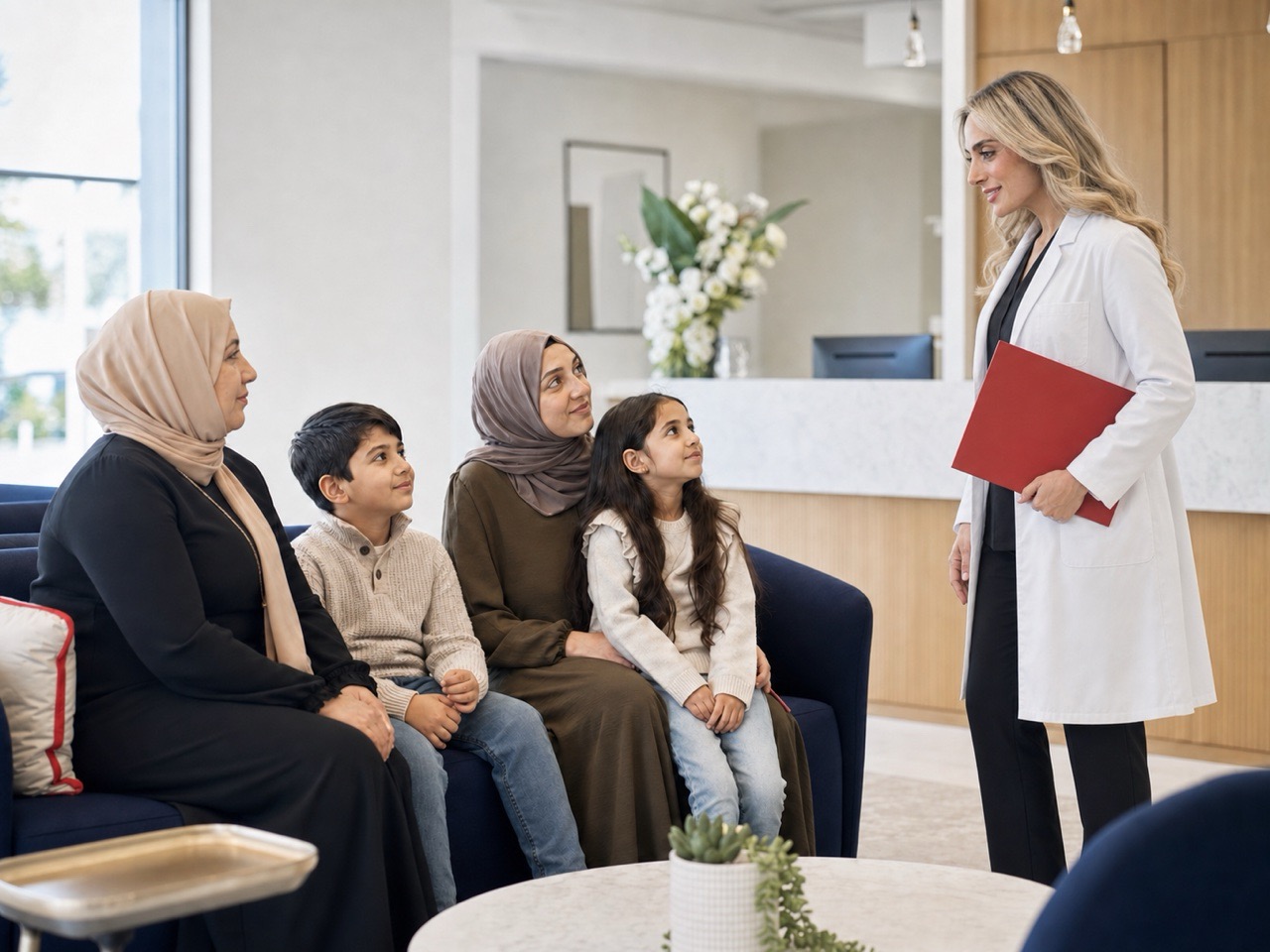 An HMC provider welcoming a family in the waiting area of the Dearborn clinic